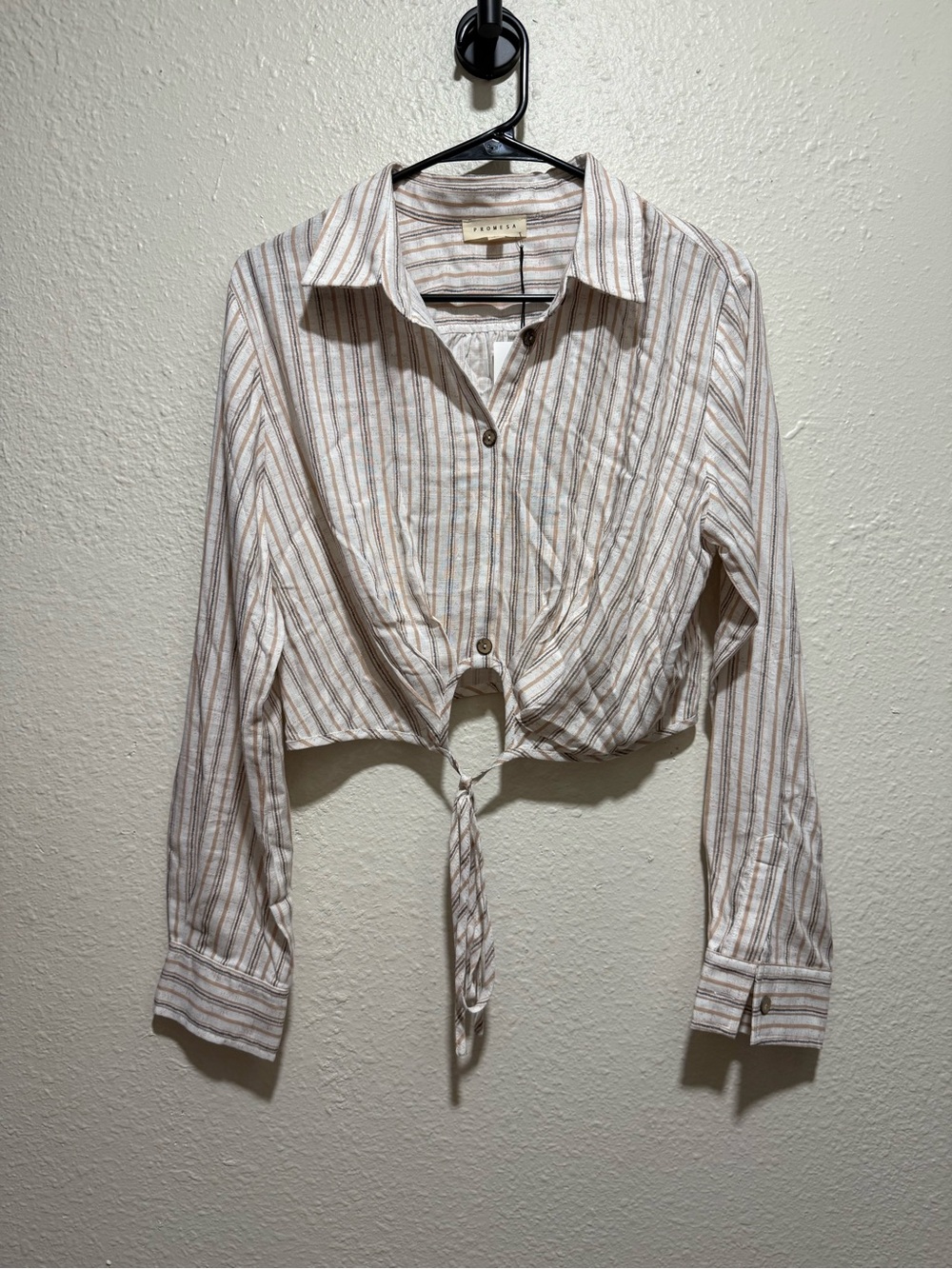 Promesa Striped Tie-Front Button-Down Shirt in White and Tan